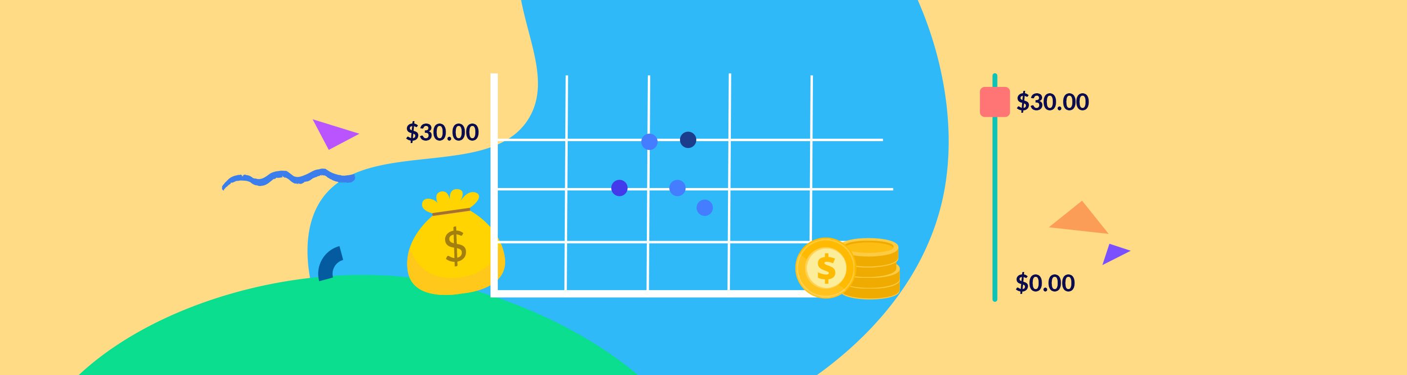 Plot graph with a bag of money on the left and a stack of coins on the right